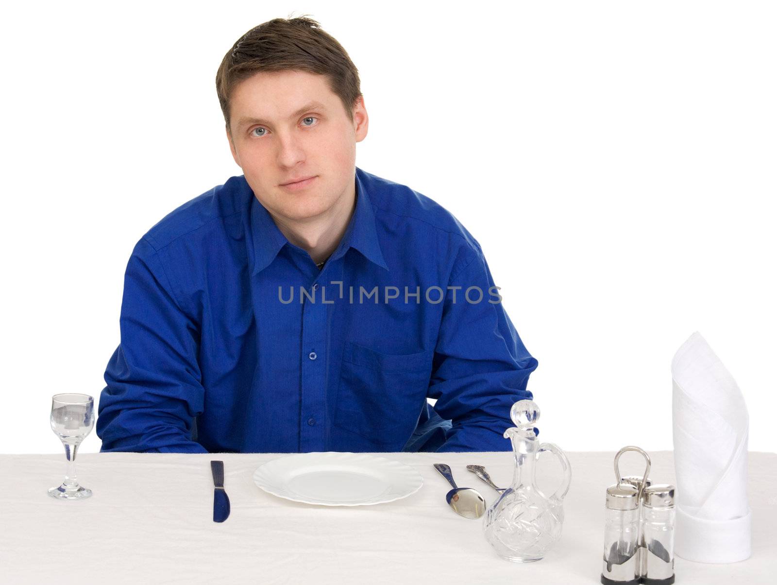 Guest of restaurant in blue shirt on a white background