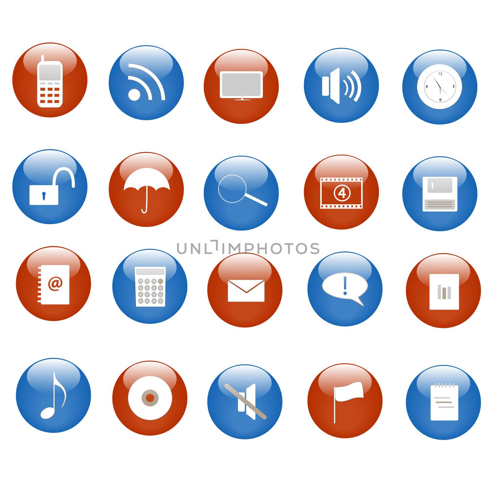 Various blue and red web icons on buttons.