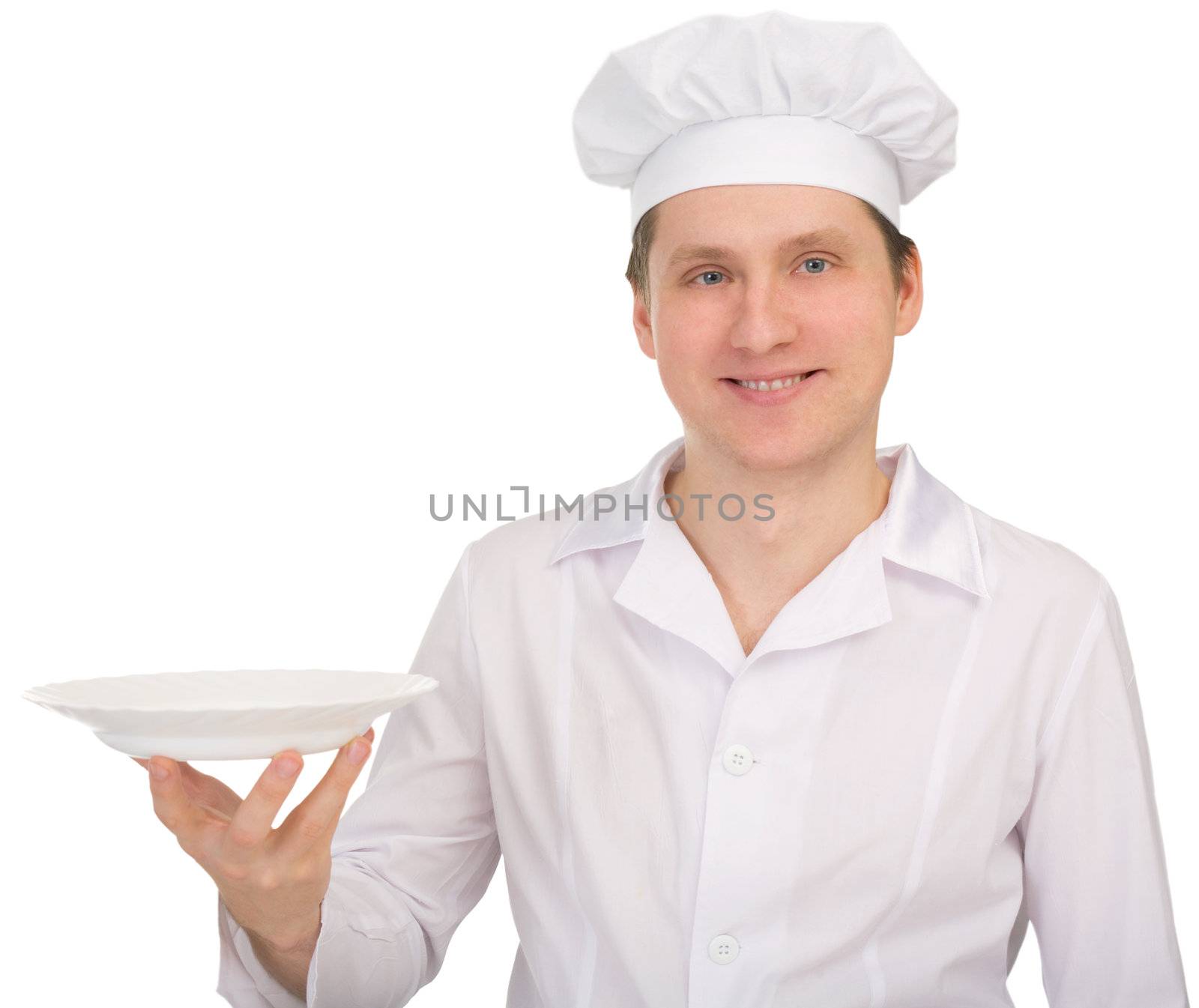 Cook in white overall with the plate a white background