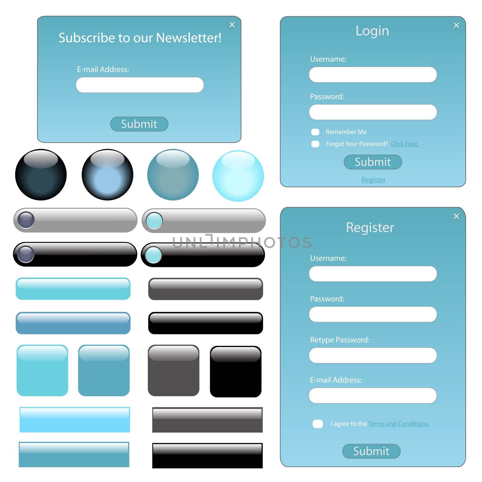 Light blue web template with forms, bars and buttons.
