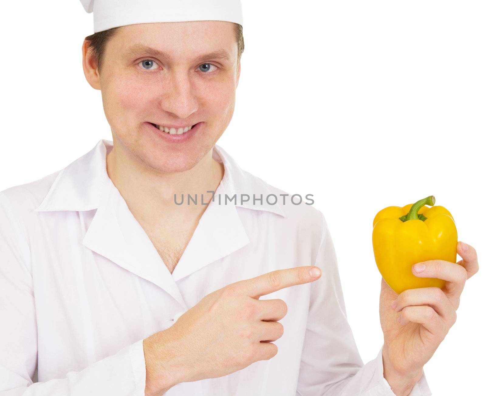 Cook in white overall with paprica in hand a white background