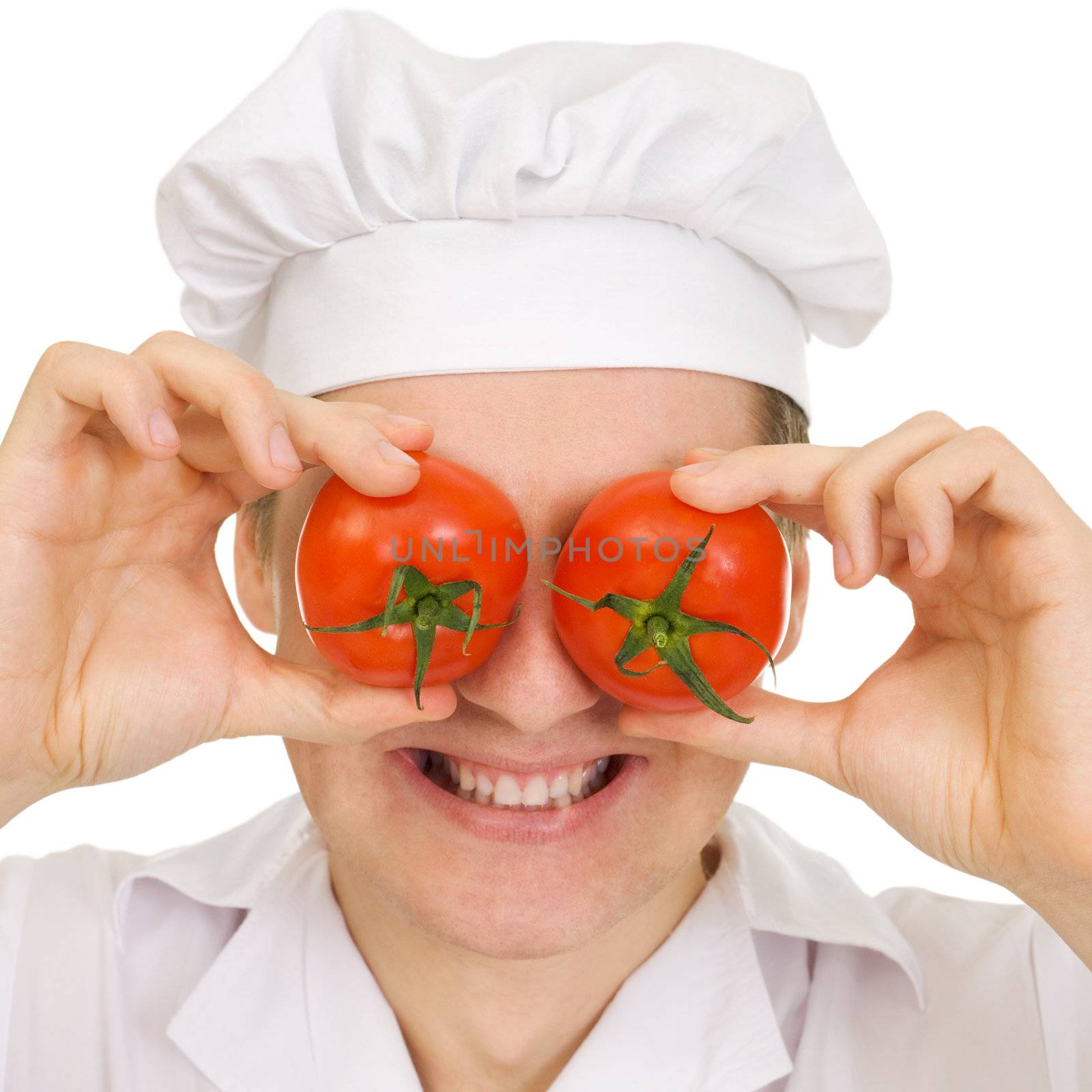 Cook with red tomato instead eyes on a white background