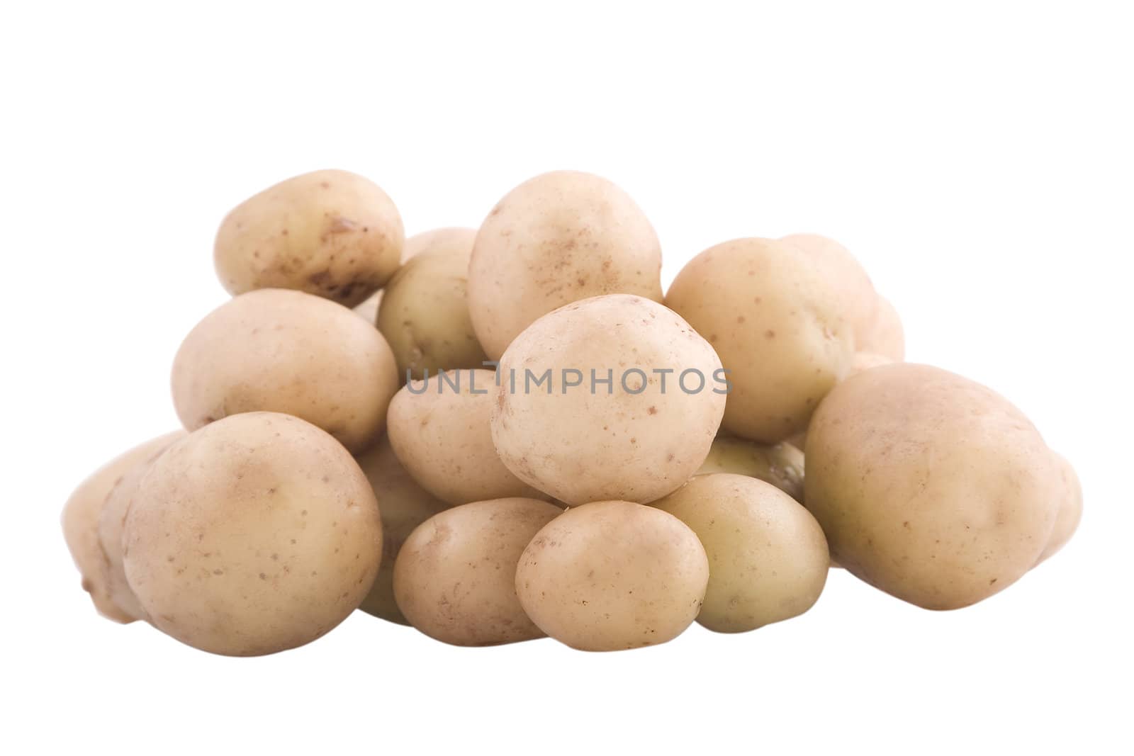 front view of raw potatoes on white background