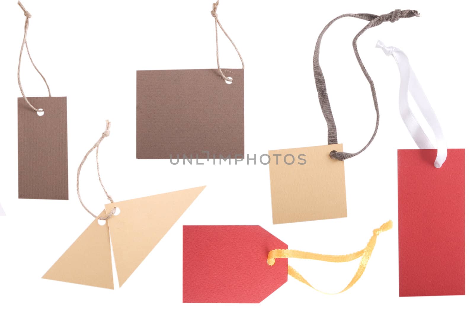 Brown and red different shape, empty tag on white background