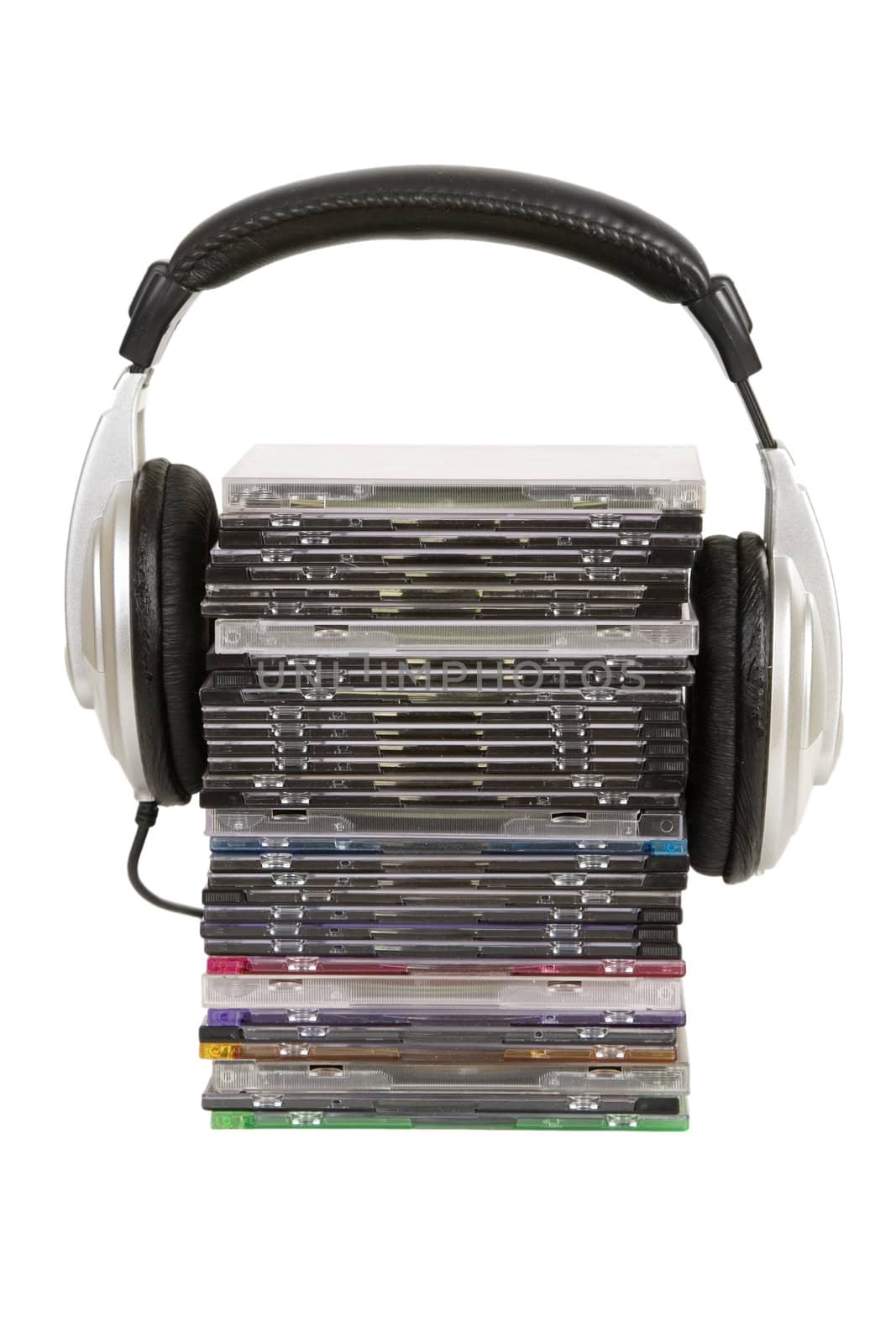 front view of headphones and cd, dvd isolated on white