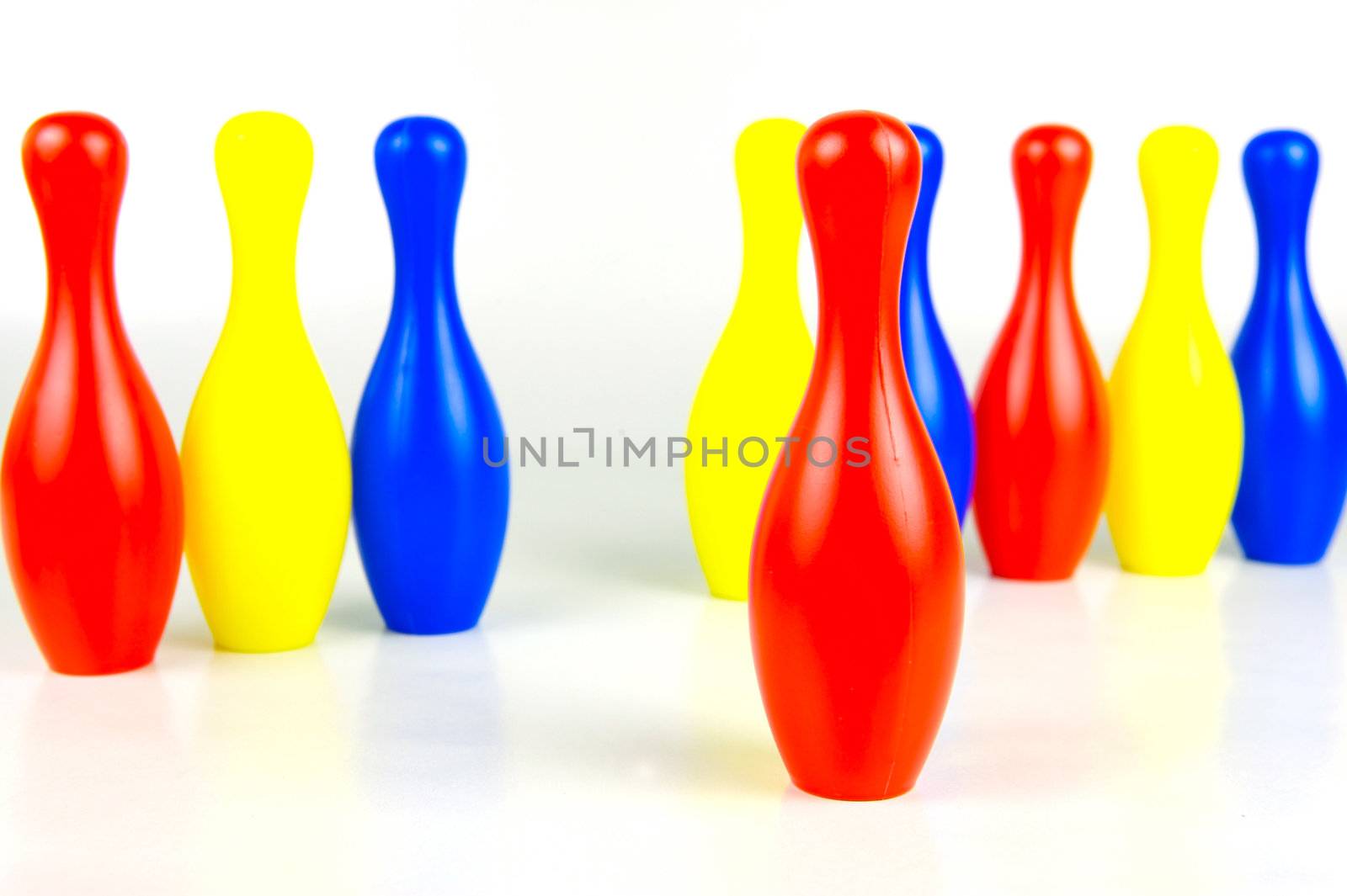 Ten pin bowling pins isolated against a white background