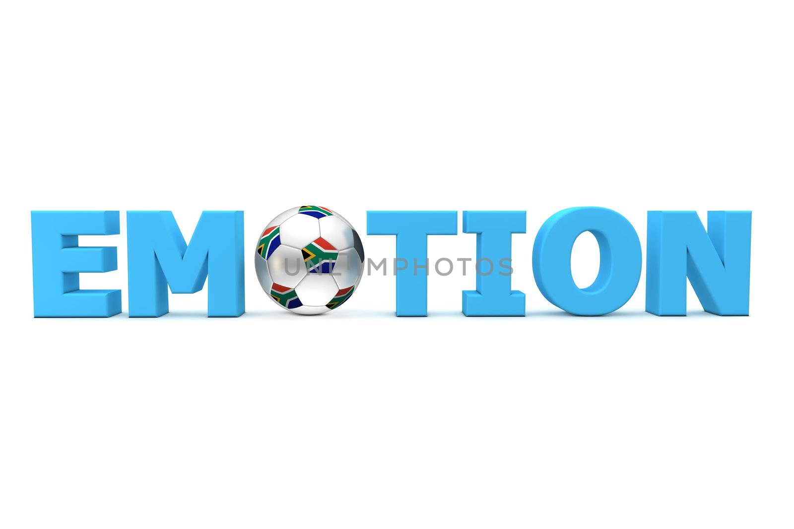 blue word Emotion with football/soccer ball with south african flag replacing letter O