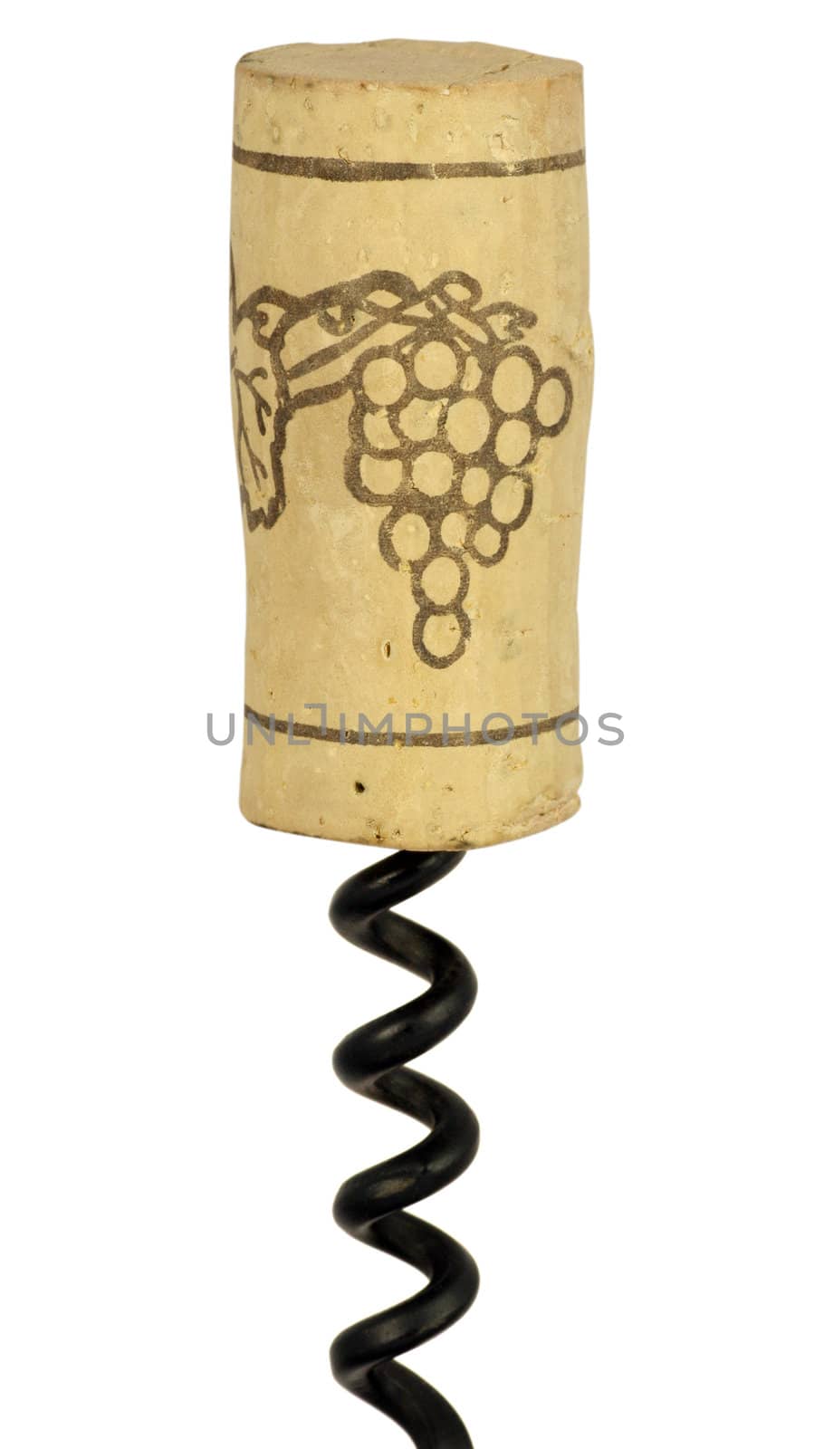 Wine cork on screw isolated in white