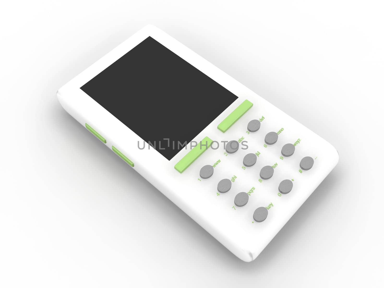 White cell phone with black screen on white. 3d render.