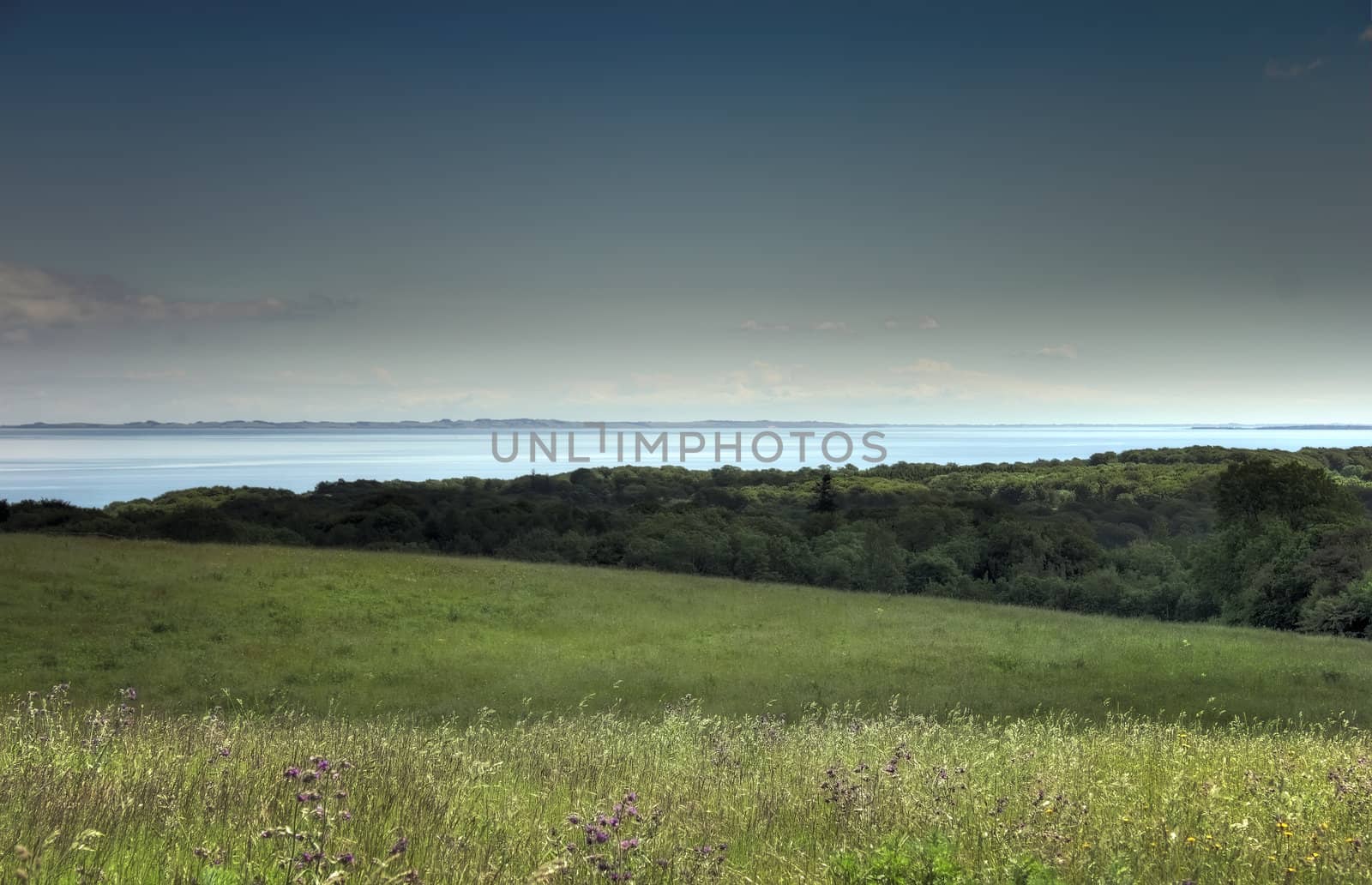 Peaceful and harmonius rural landscape with view to sea