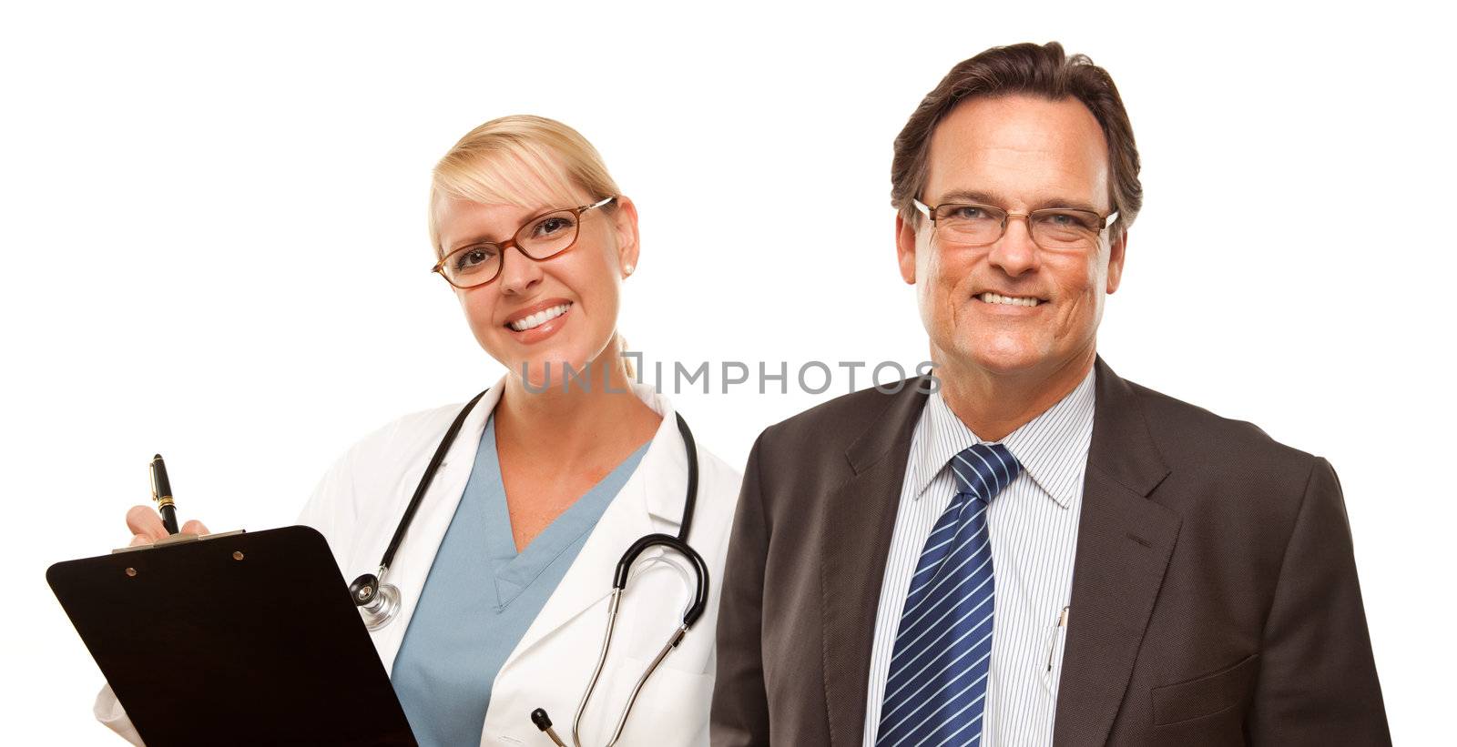 Smiling Businessman with Female Doctor or Nurse with Clipboard Isolated on a White Background.