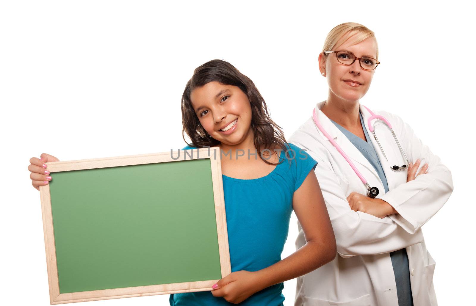 Pretty Hispanic Girl Holding Blank Chalkboard Isolated on a White Background.