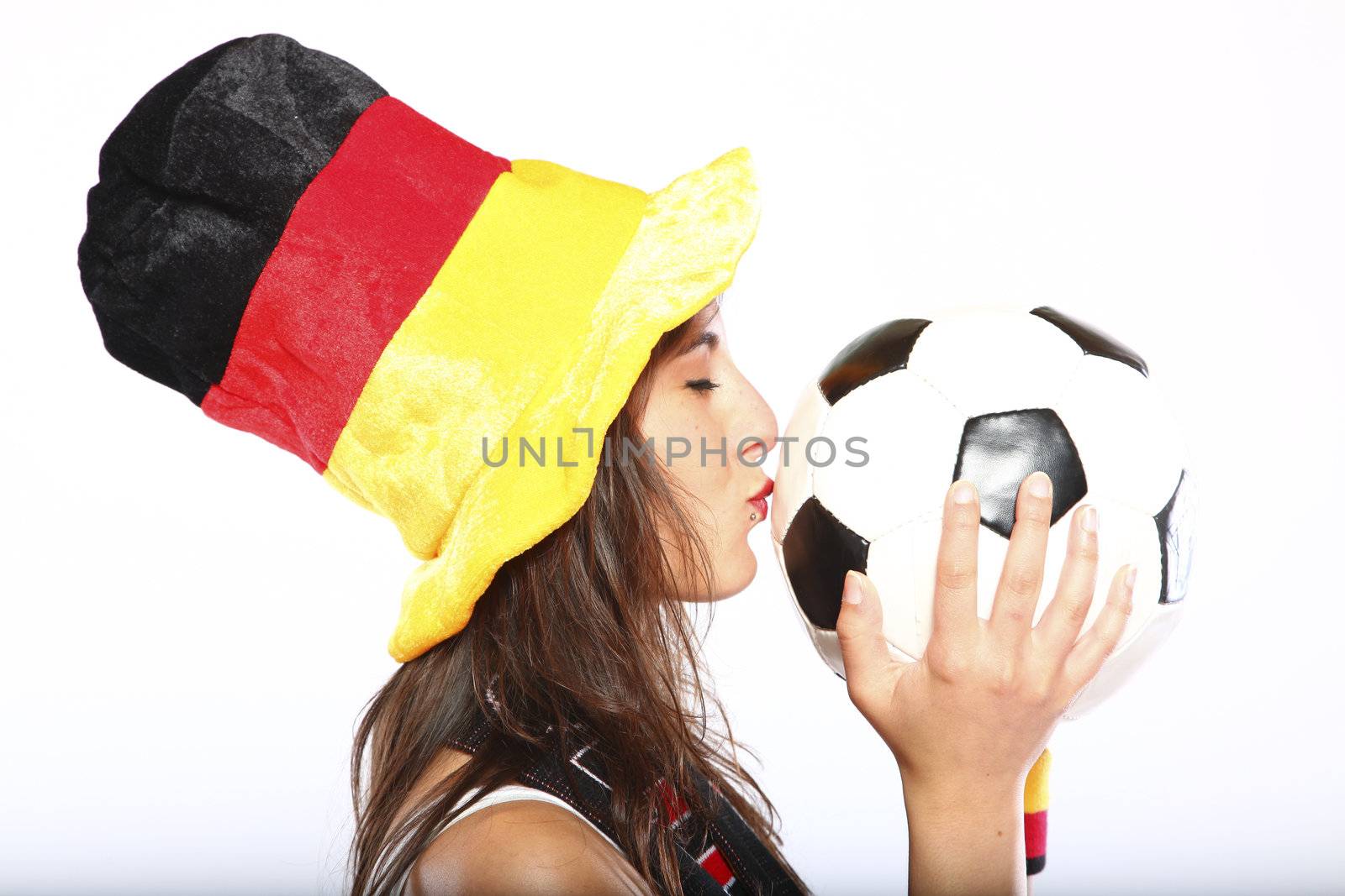 German Soccer Fan Girl With Hat Kissing The Ball