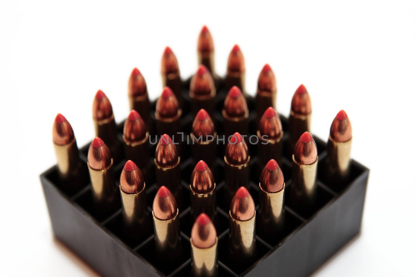 ammunition all organized in a box on a white background