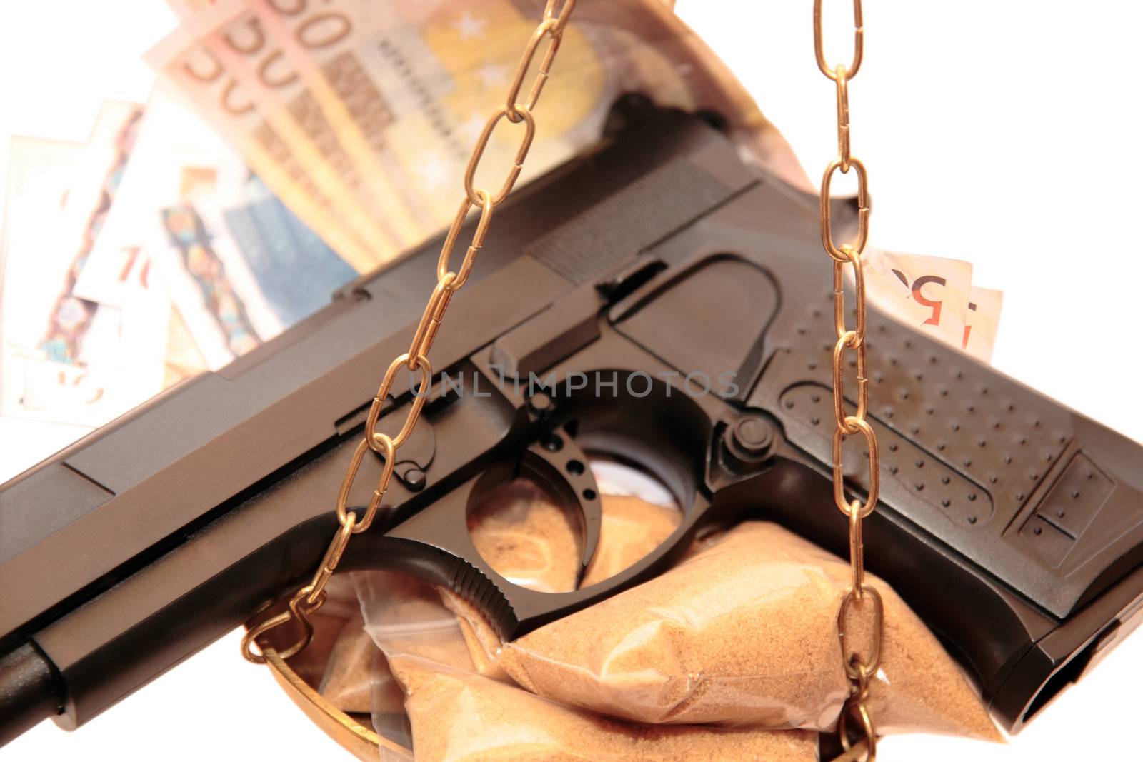 drugs money and gun depicting a drug culture scene