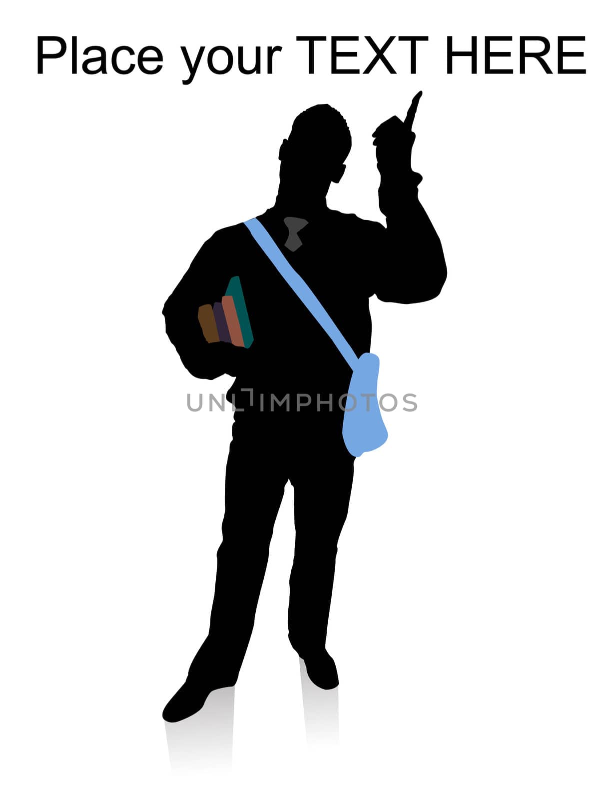 silhouette of pointing student with books on an isolated white background