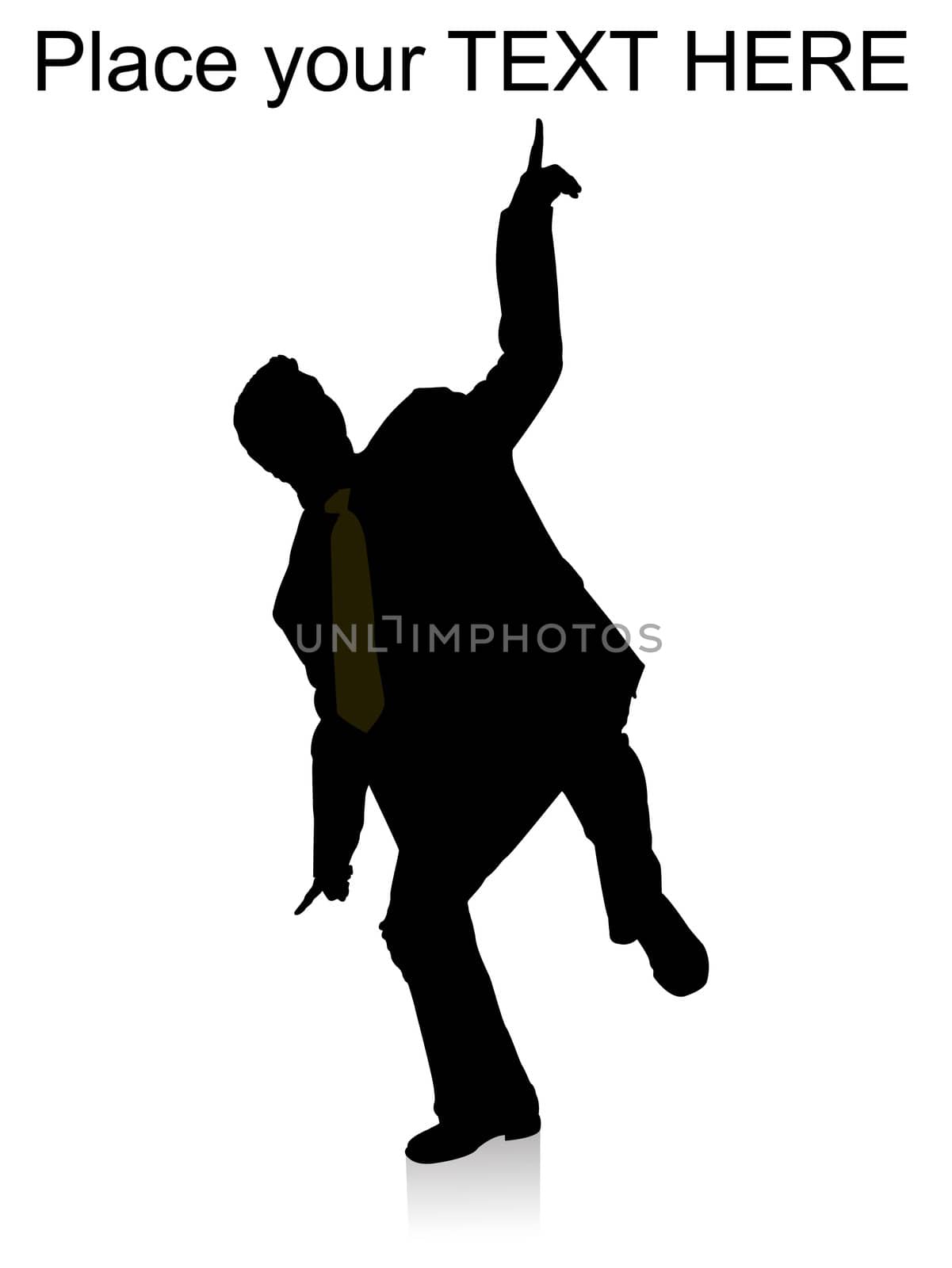 silhouette of dancing businessman pointing upward on an isolated background