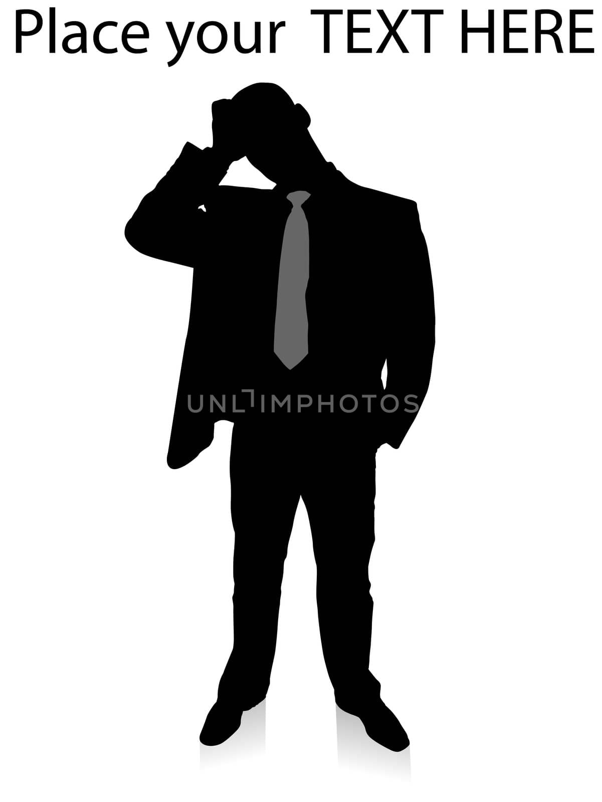 silhouette of young confused businessman standing with white background