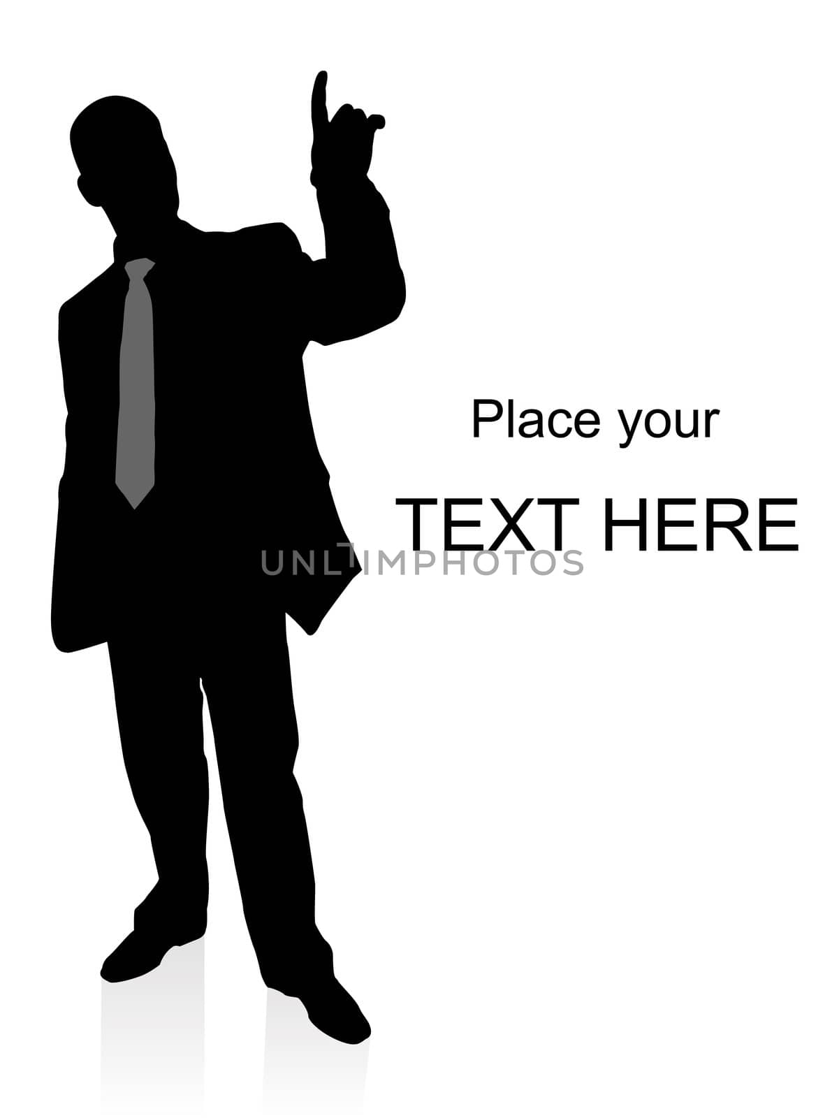 silhouette of young executive pointing upwards on an isolated white background