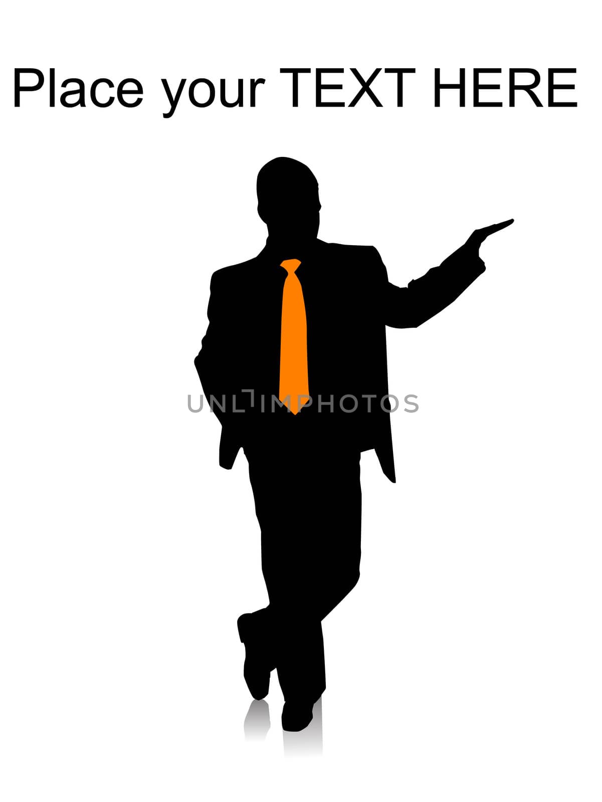 silhouette of young corporate pointing sideways on an isolated white background