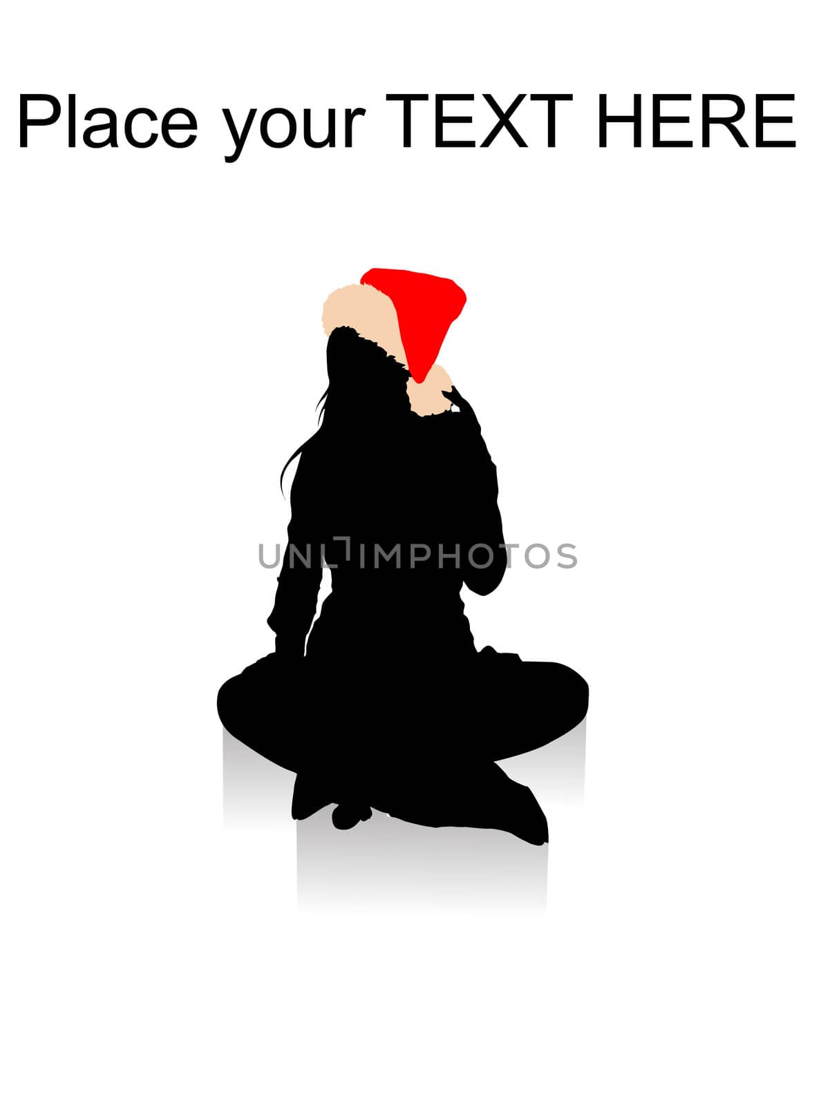 silhouette of sitting female wearing christmas hat against white background