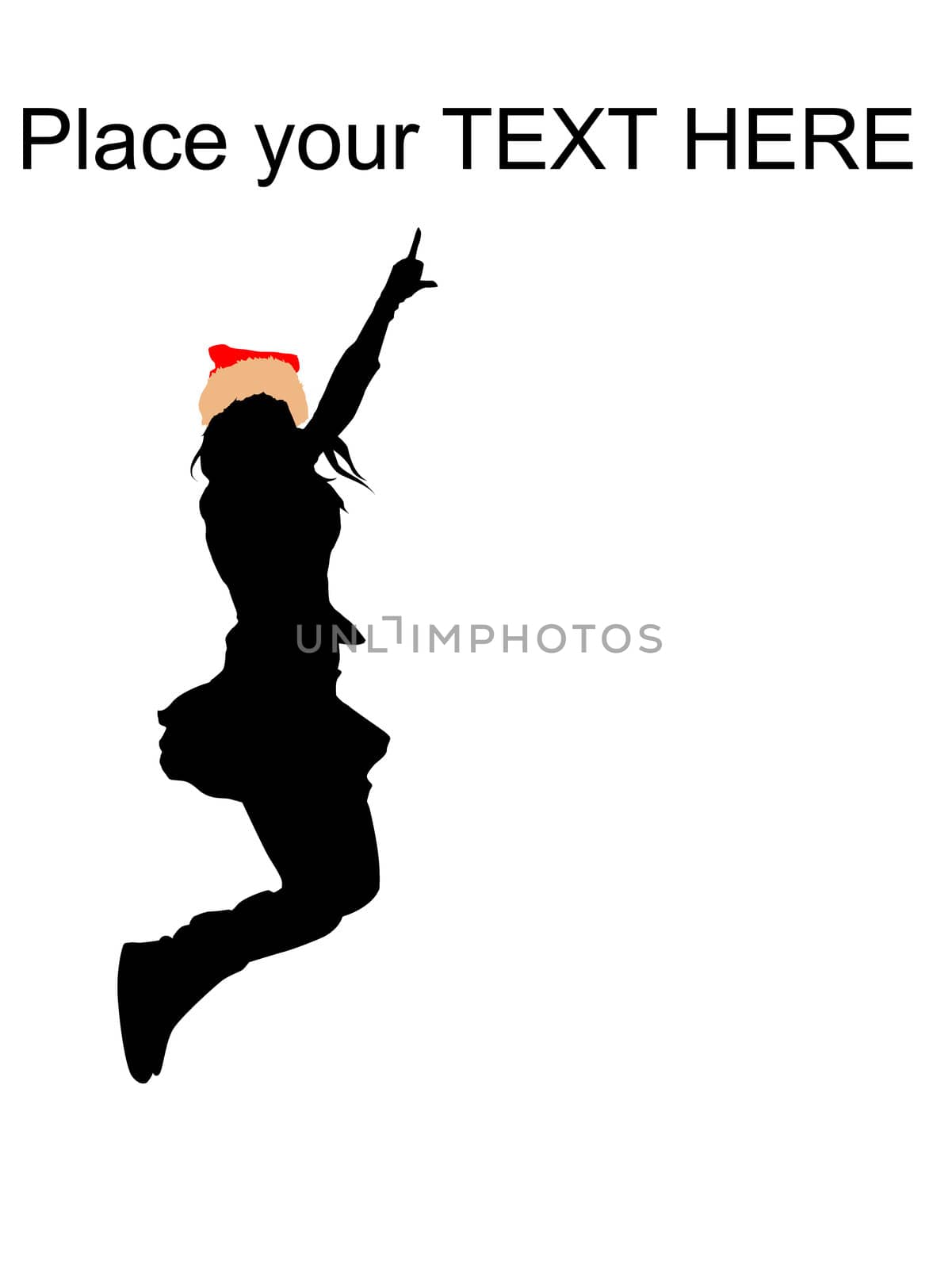 silhouette of pointing female wearing christmas hat on an isolated white background