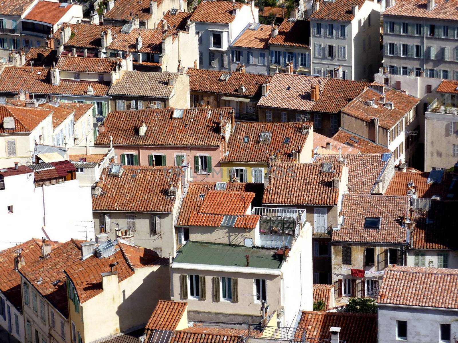 Aerial view of many red roofs at Marseilles, France, by sunny day