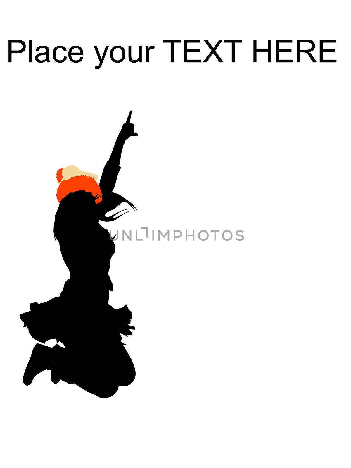 silhouette of jumping pointing female wearing christmas hat with white background