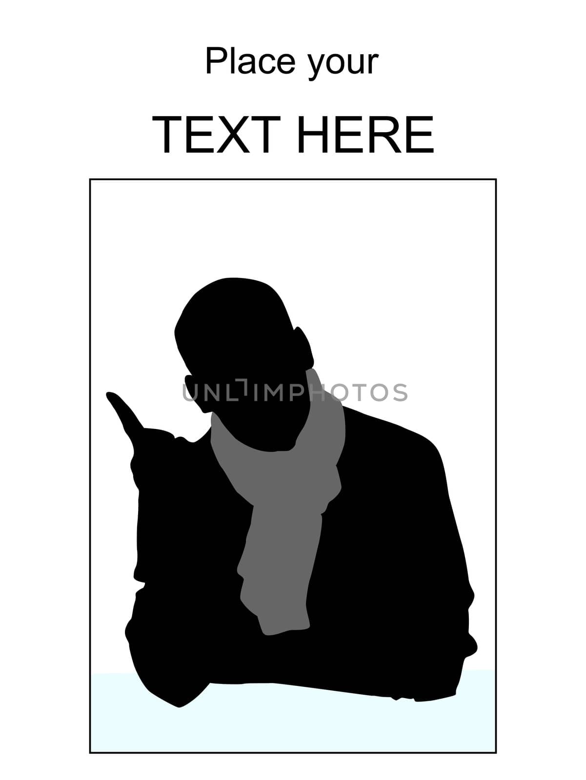 silhouette of man with muffler pointing sideways against white background