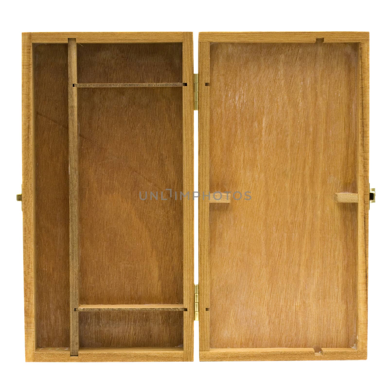open old wooden box with dividers used for art supplies, scratches and stains, isolated on white