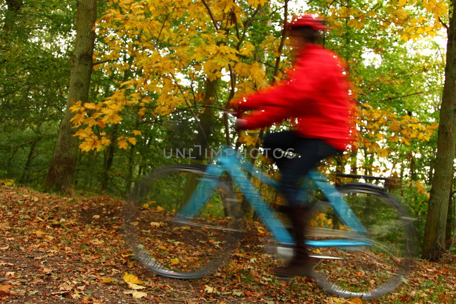 Woman biking in the autumn forest. Motion blurred bike.