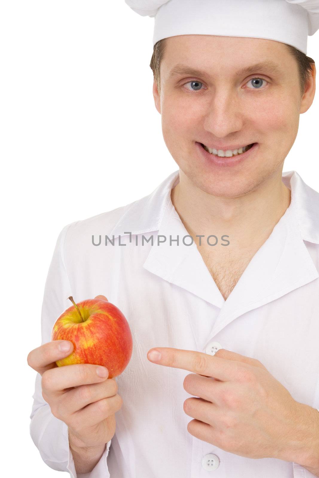 Cook with apple in the hand on white background