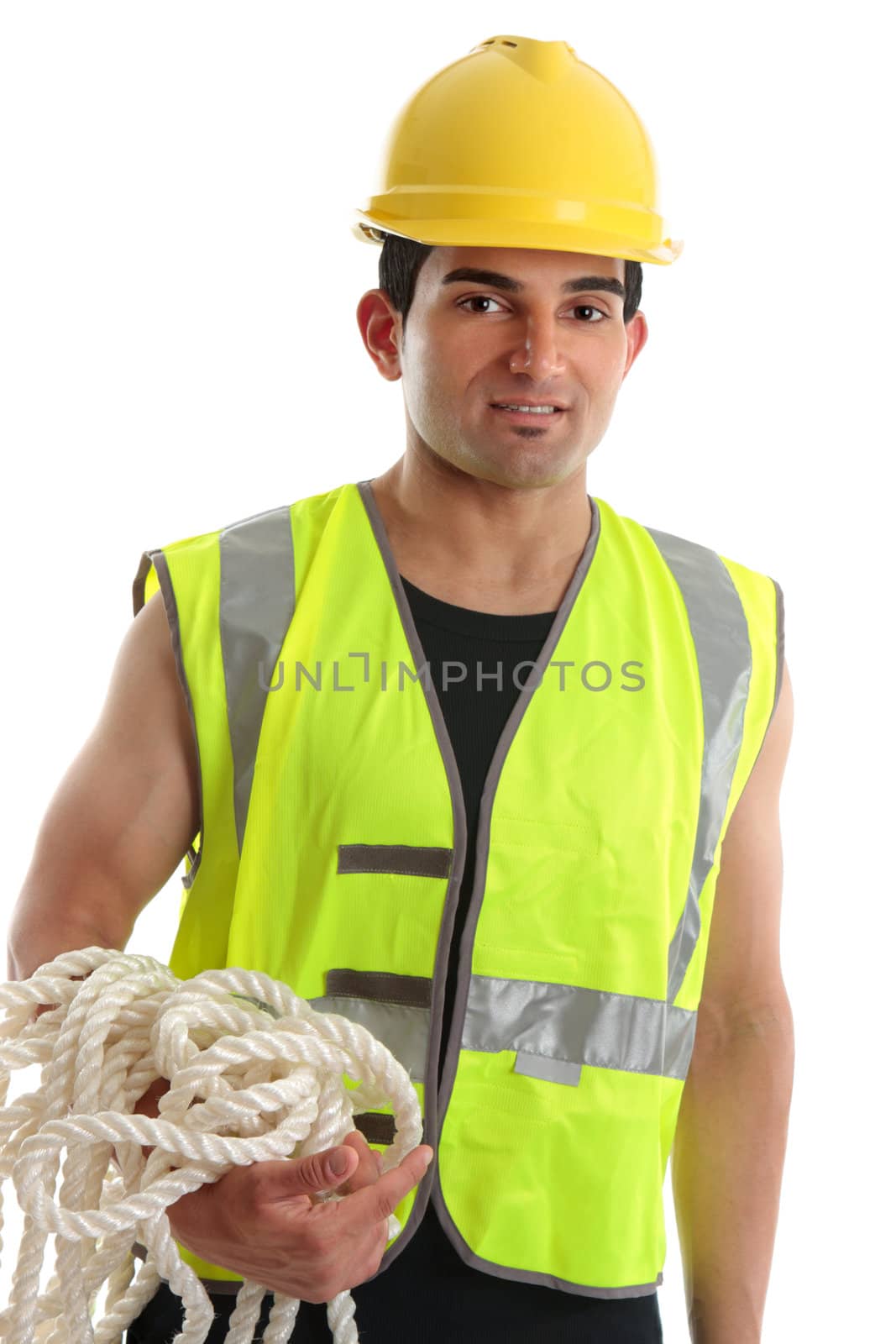 A builder, tradesman or construction worker wearing a hard hat and high visibility vest.  White Background.