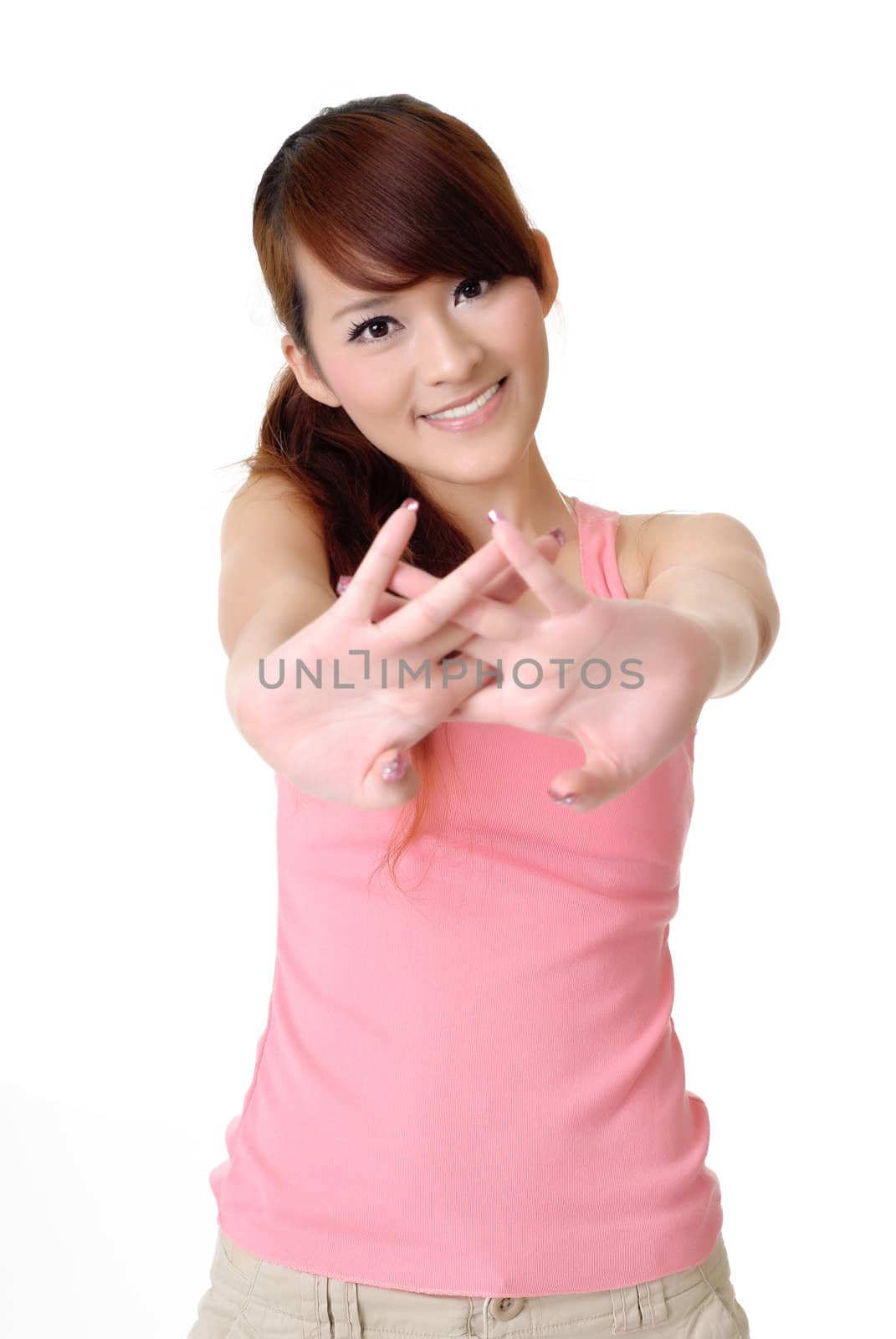 Portrait of sweet girl with smiling expression on white background.