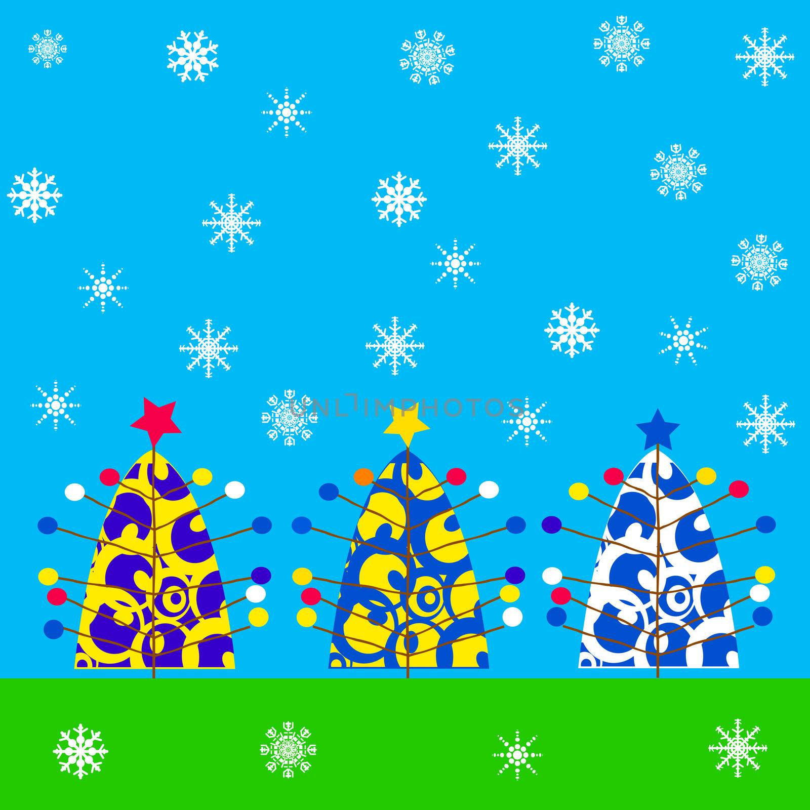color Christmas card with trees and snow