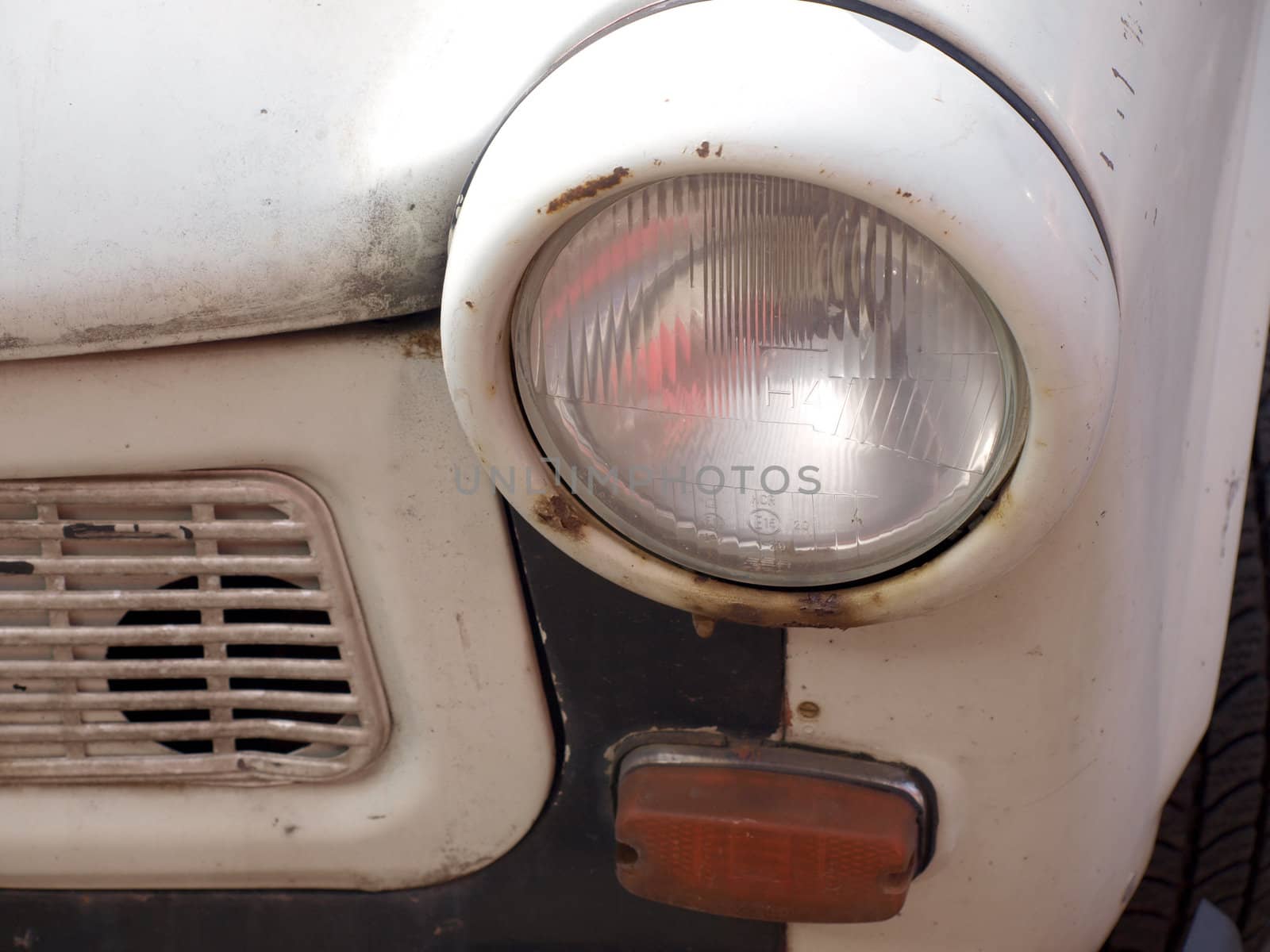 trbant, the immortal car from east germany, detail of lights, front side