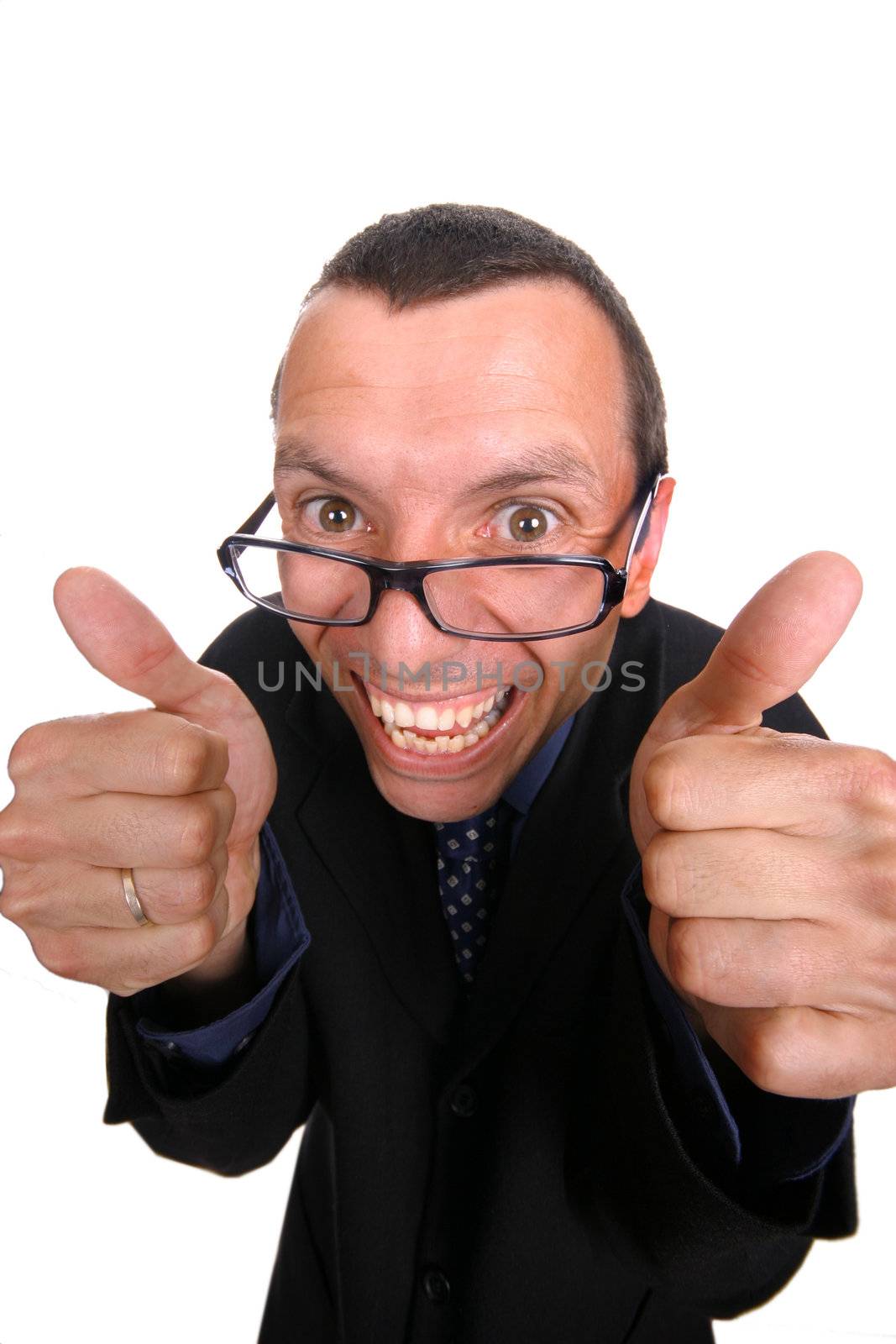 young business man playing silly over white background