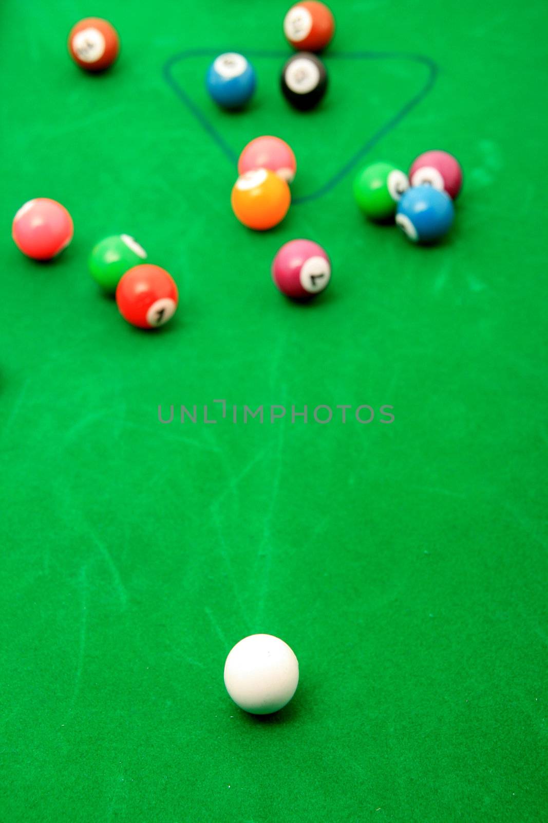 billiards field and balls in green table