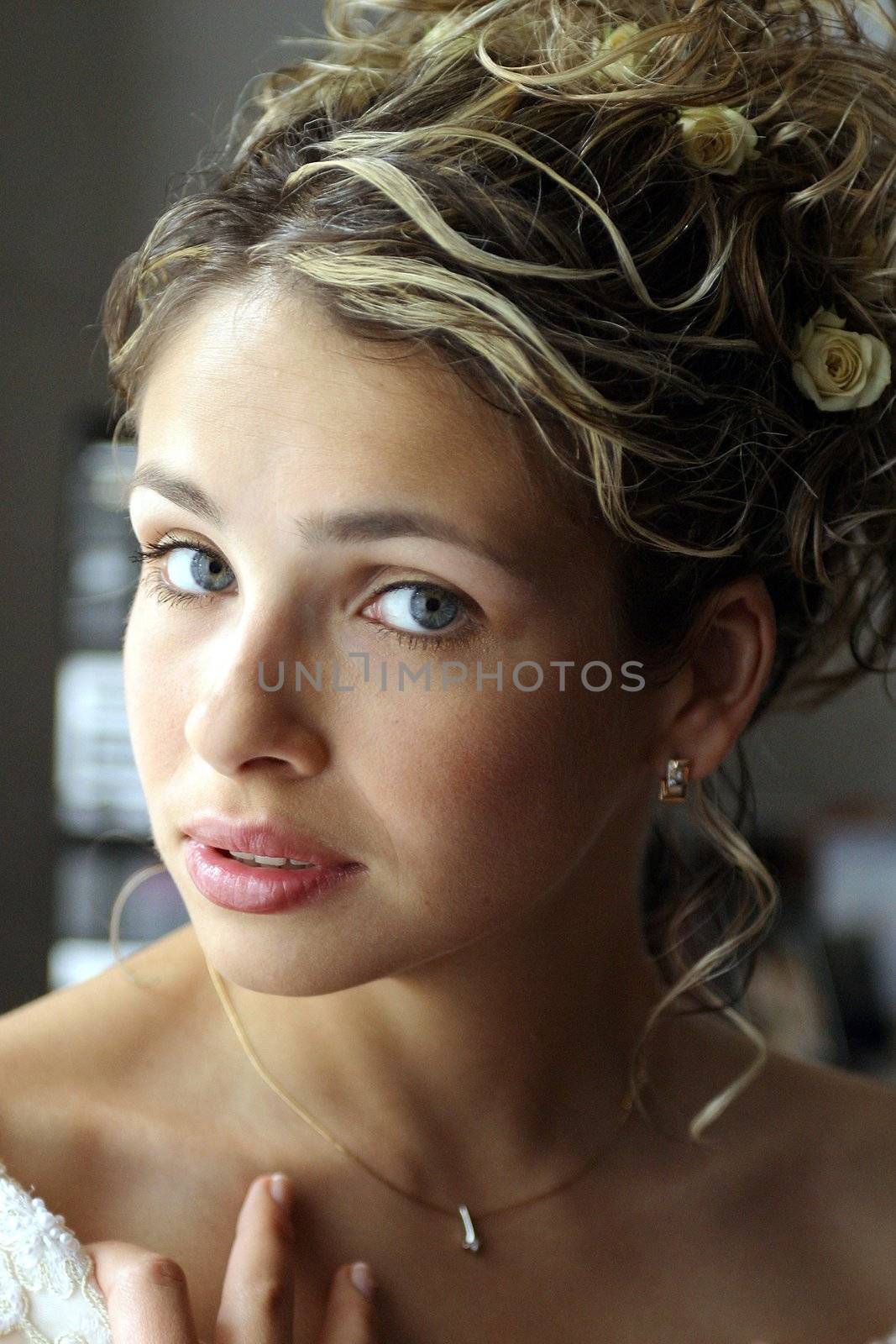 Portrait of beautiful bride at wedding, looking with love.