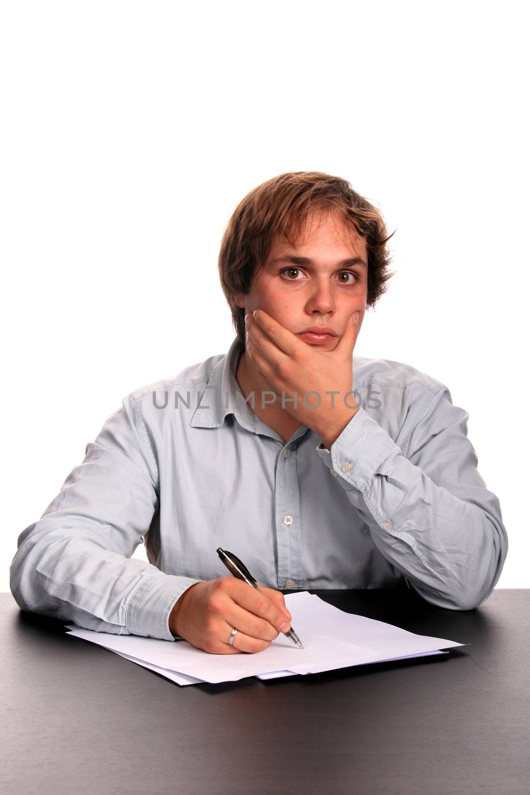 businessman signing contract over white background