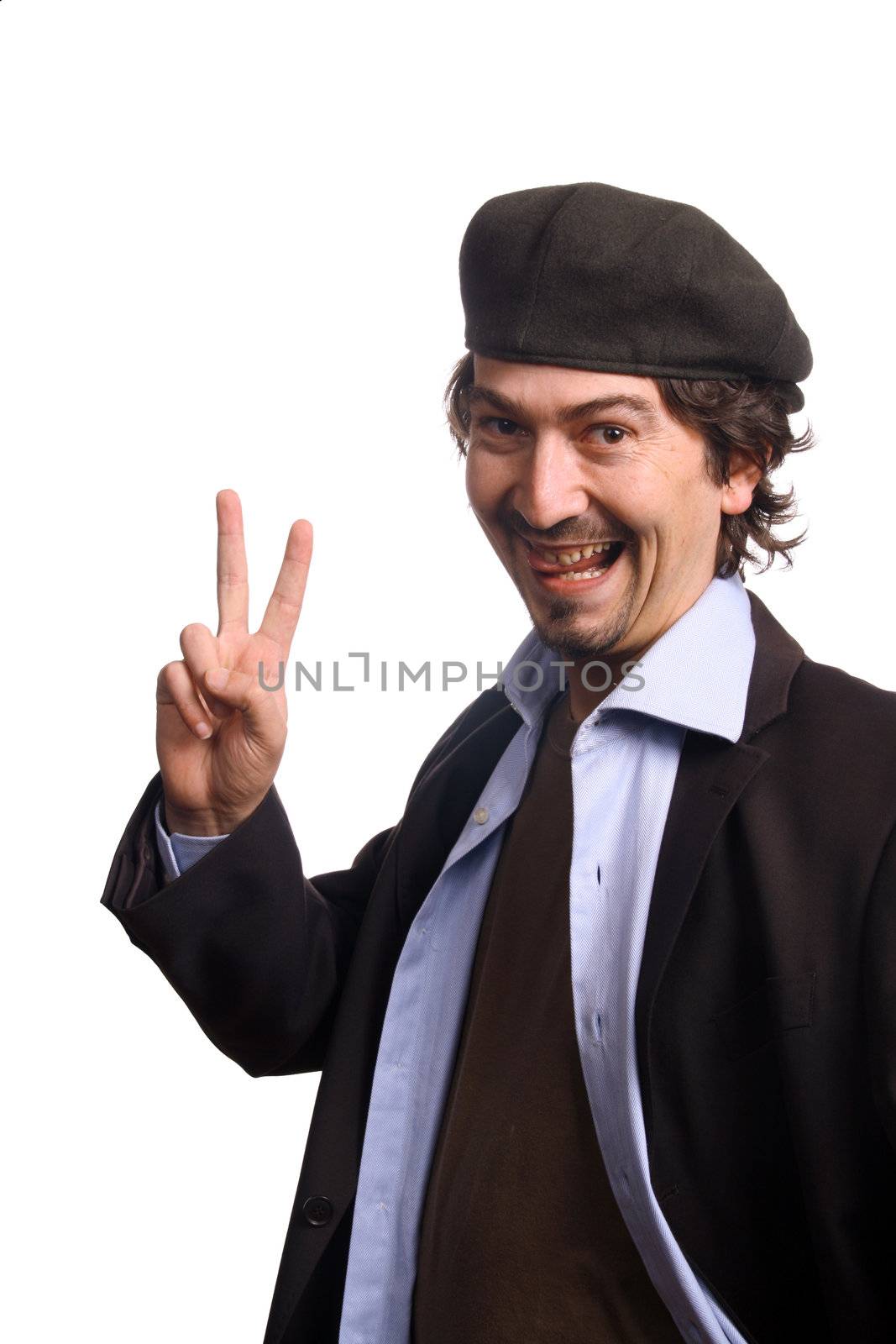 young business man playing silly over white background