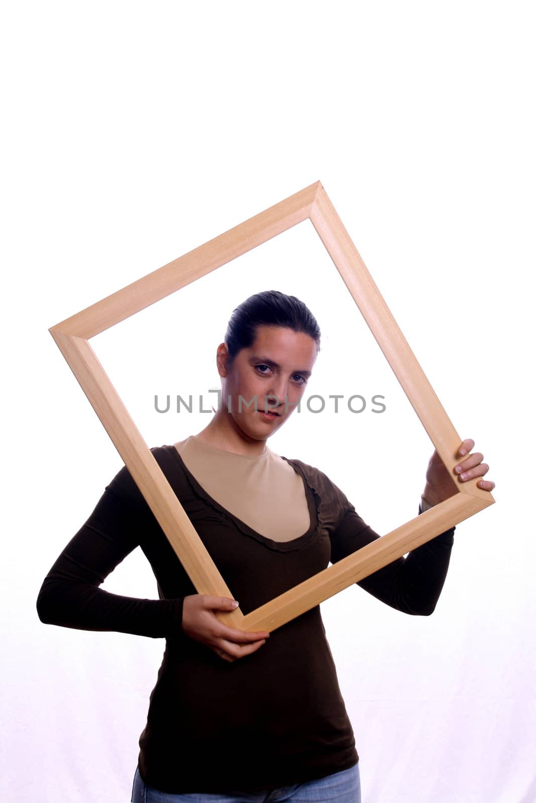 casual woman with empty frame