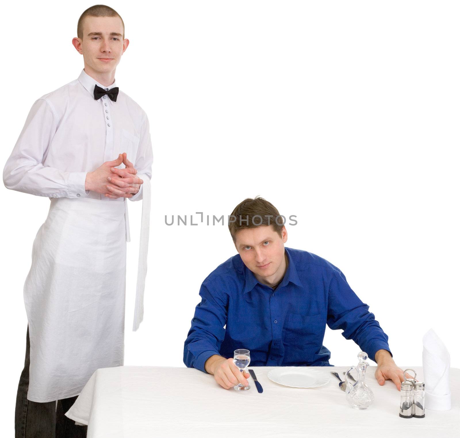 Waiter and guest of restaurant on a white background