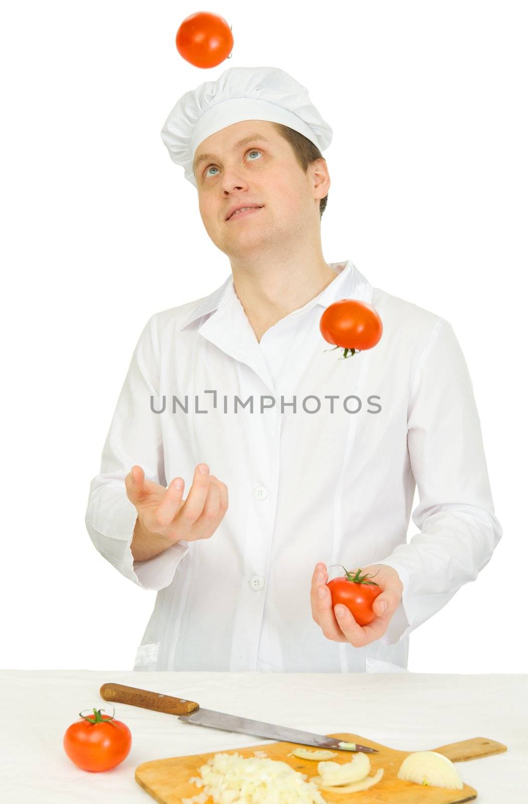 Funny cook with tomato in hand a white background