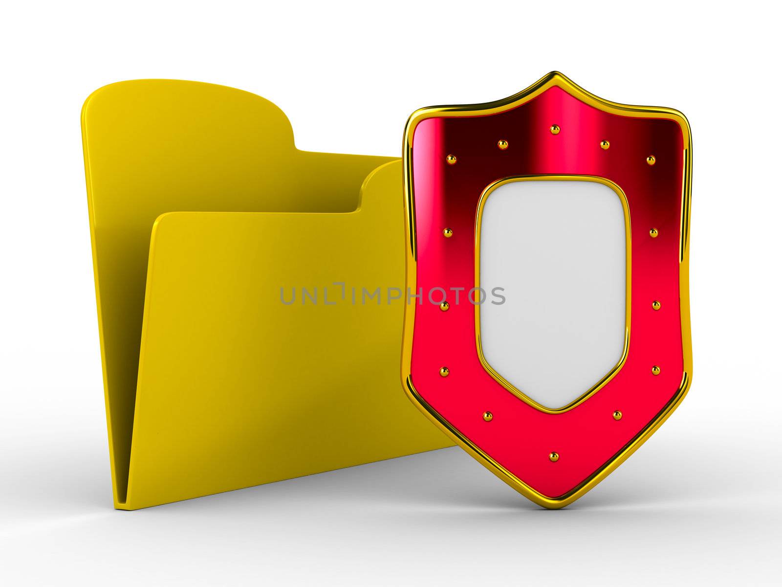 Yellow computer folder with shield. Isolated 3d image