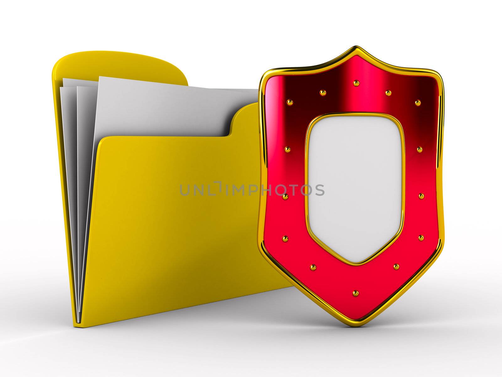 Yellow computer folder with shield. Isolated 3d image