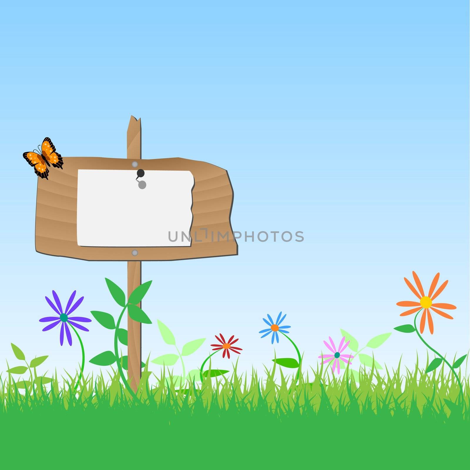 Image of a blank wooden sign with flowers, grass and sky.