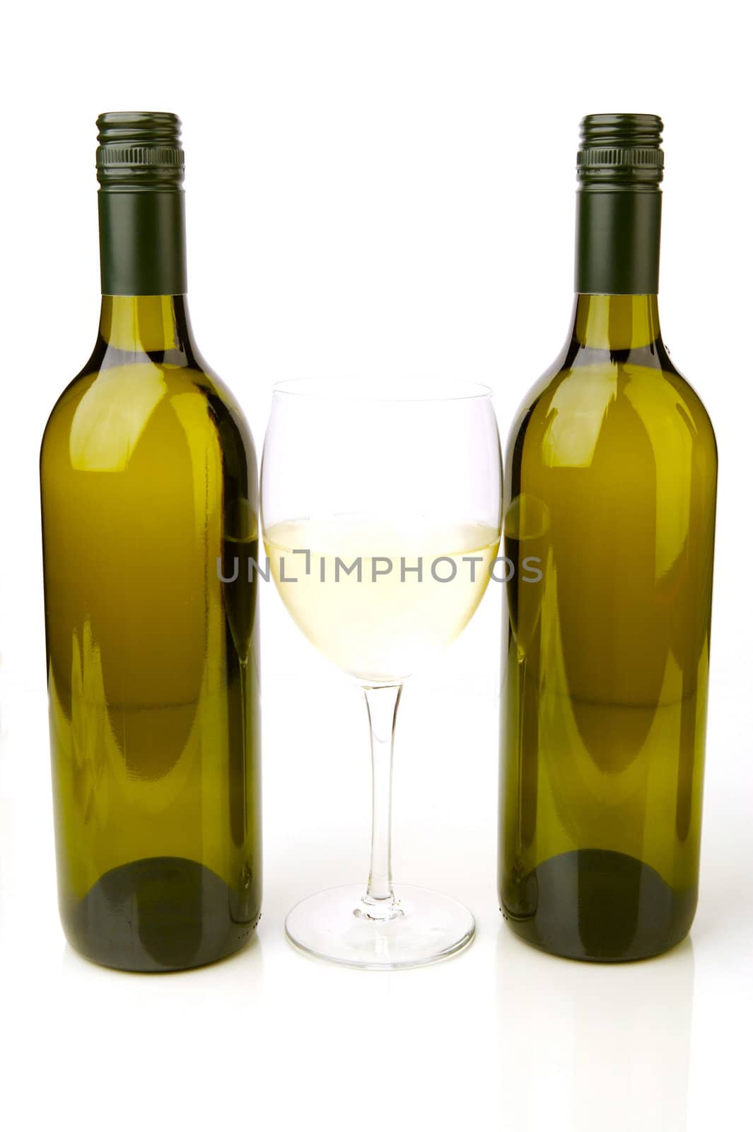 White wine bottles isolated against a white background