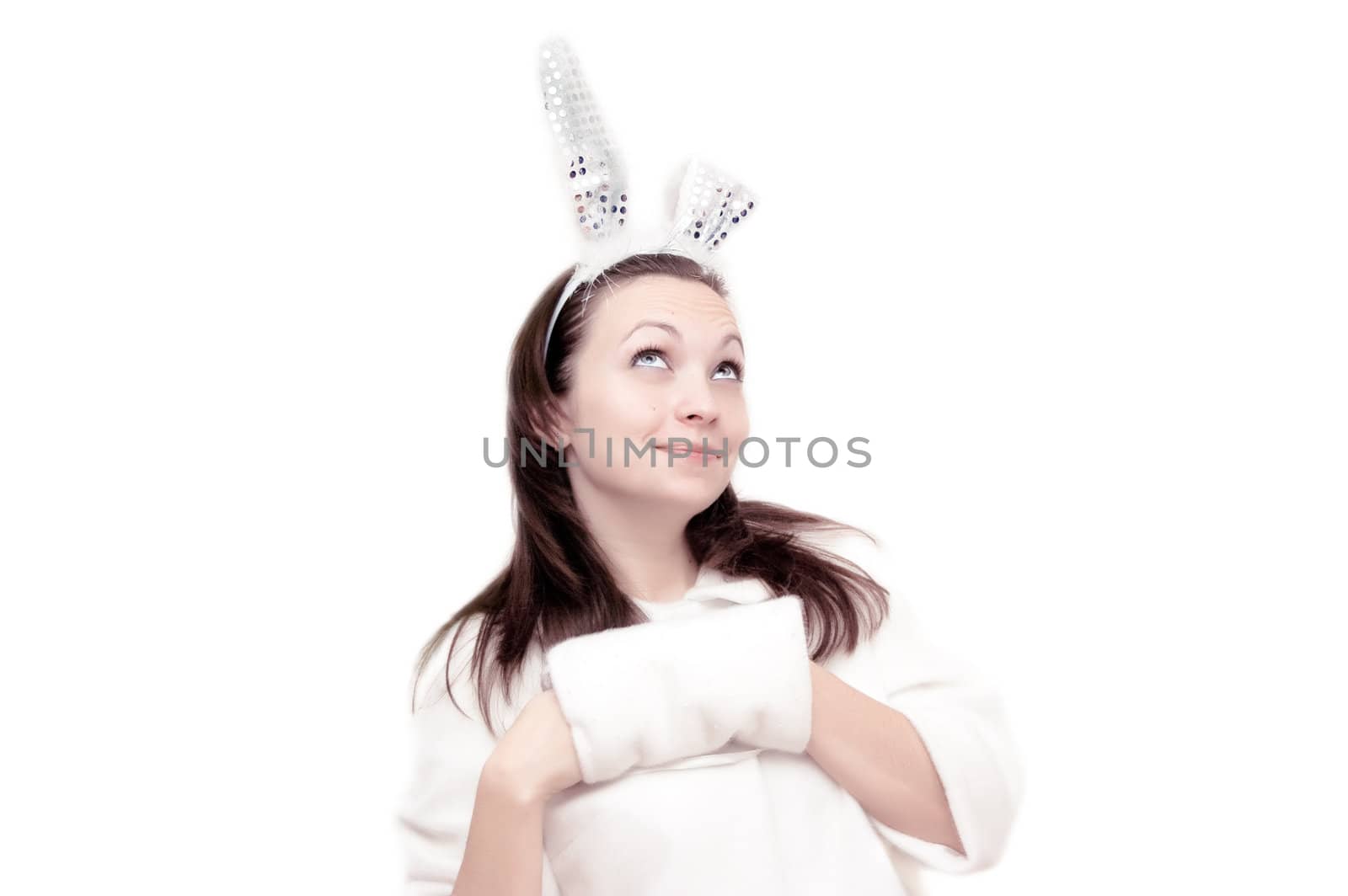 lovely bunny woman in fluffy coat over white