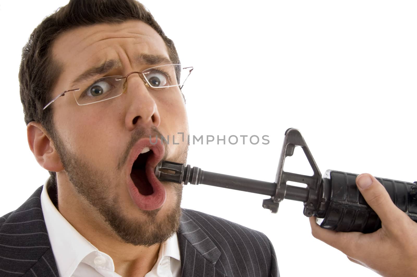 someone targeting of businessman against white background